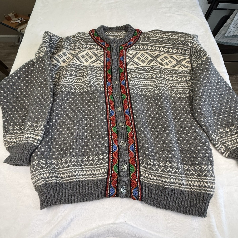 Vintage Nordic Fair Isle Cardigan Sweater Womens XL XXL Folk Embroidered Gray